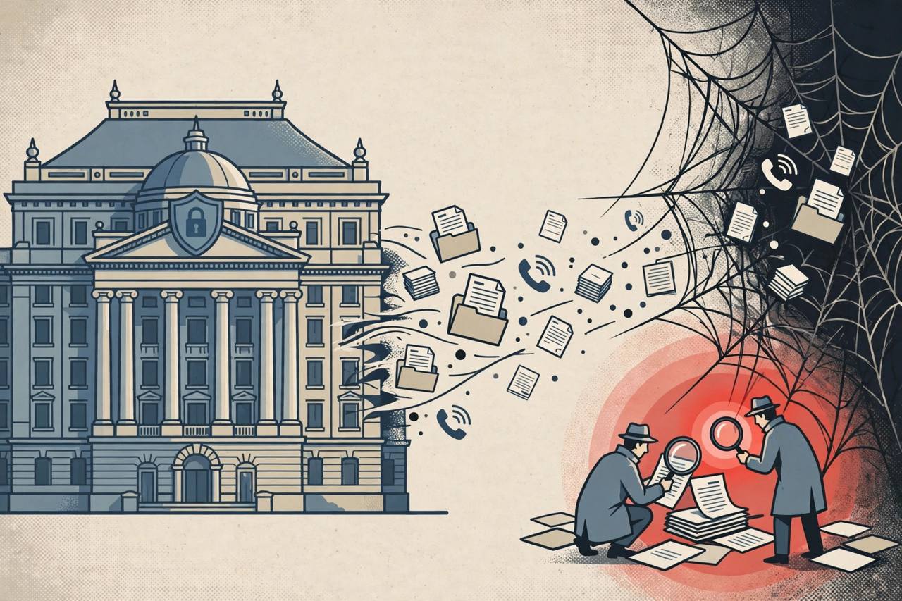 Editorial illustration of a bank, a shield and customer records being examined after a dark-web exposure