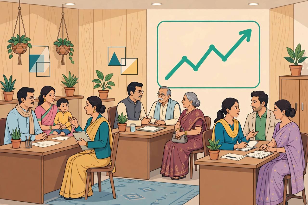 Editorial illustration of families discussing life insurance policies with advisors in an office with a rising growth chart, generic figures, no real person's likeness