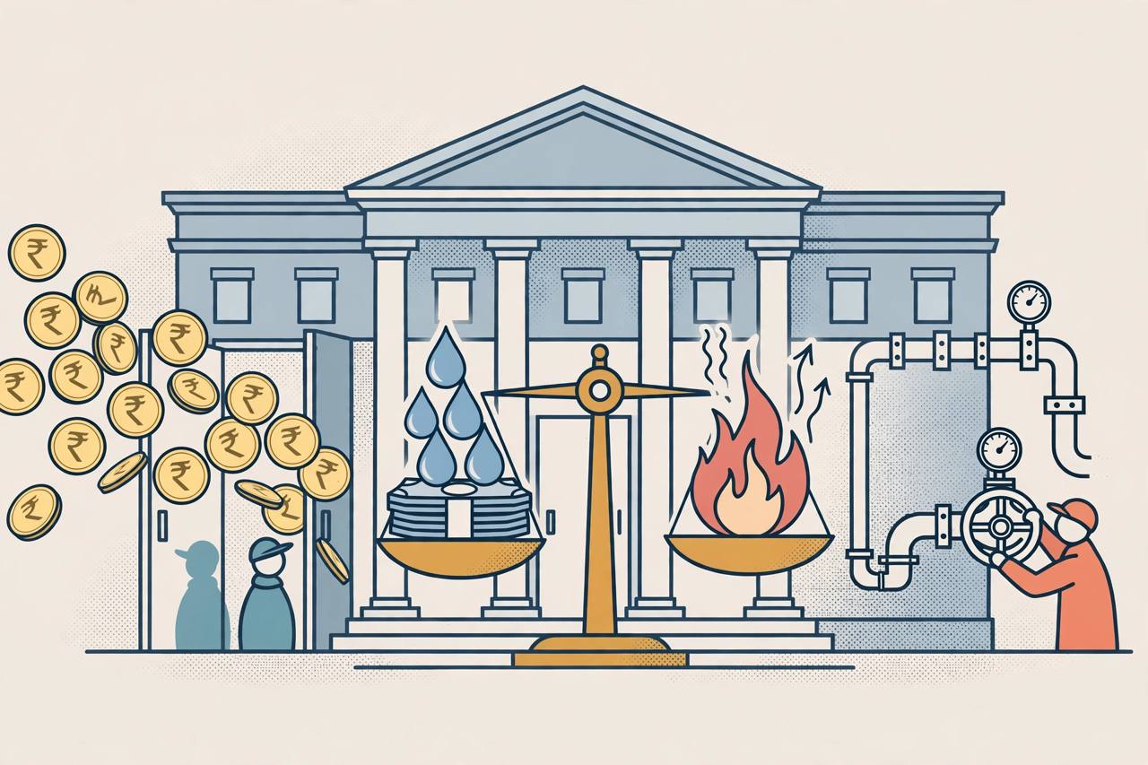 Editorial illustration of a generic central bank building with rupee coins flowing in and a tightening valve, balance scale, flat style