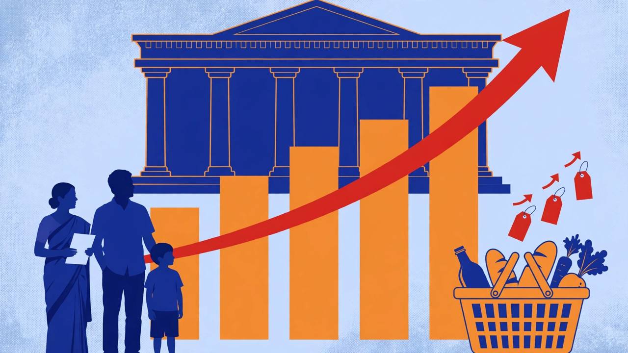 Editorial illustration of a central bank building, a rising interest-rate arrow over a bar chart, a family with a loan document and a shopping basket with rising price tags