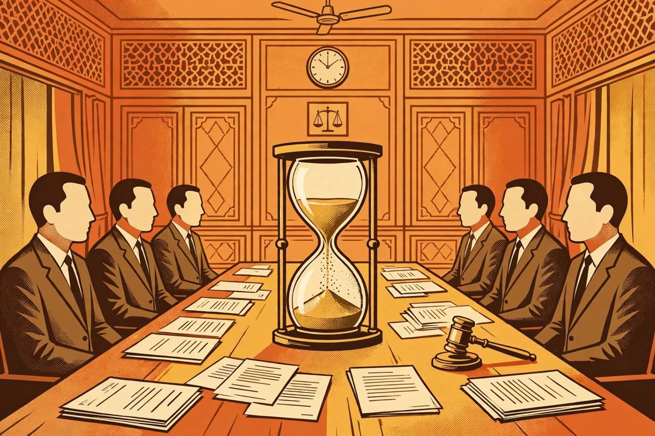 Editorial illustration of an arbitration hearing room with contract documents, an hourglass and a gavel