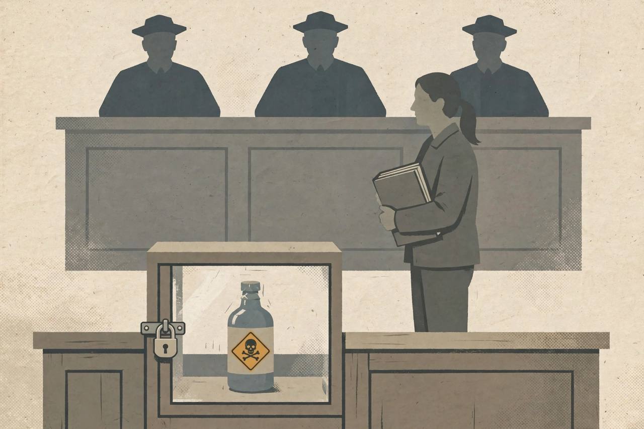 Editorial illustration of a courtroom bench, a locked bottle with a hazard symbol behind a shop counter, and a generic woman survivor holding a legal file