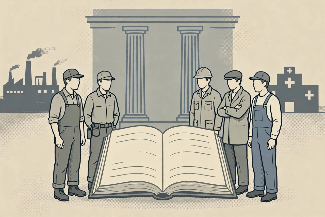 Editorial illustration of generic workers standing before a large open law book and courthouse pillars, with factory and hospital silhouettes
