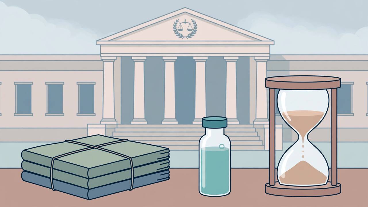 Editorial illustration of a courthouse, a medicine vial and an hourglass, symbolising the Supreme Court case over lapsed Covid-era permits for the black fungus drug