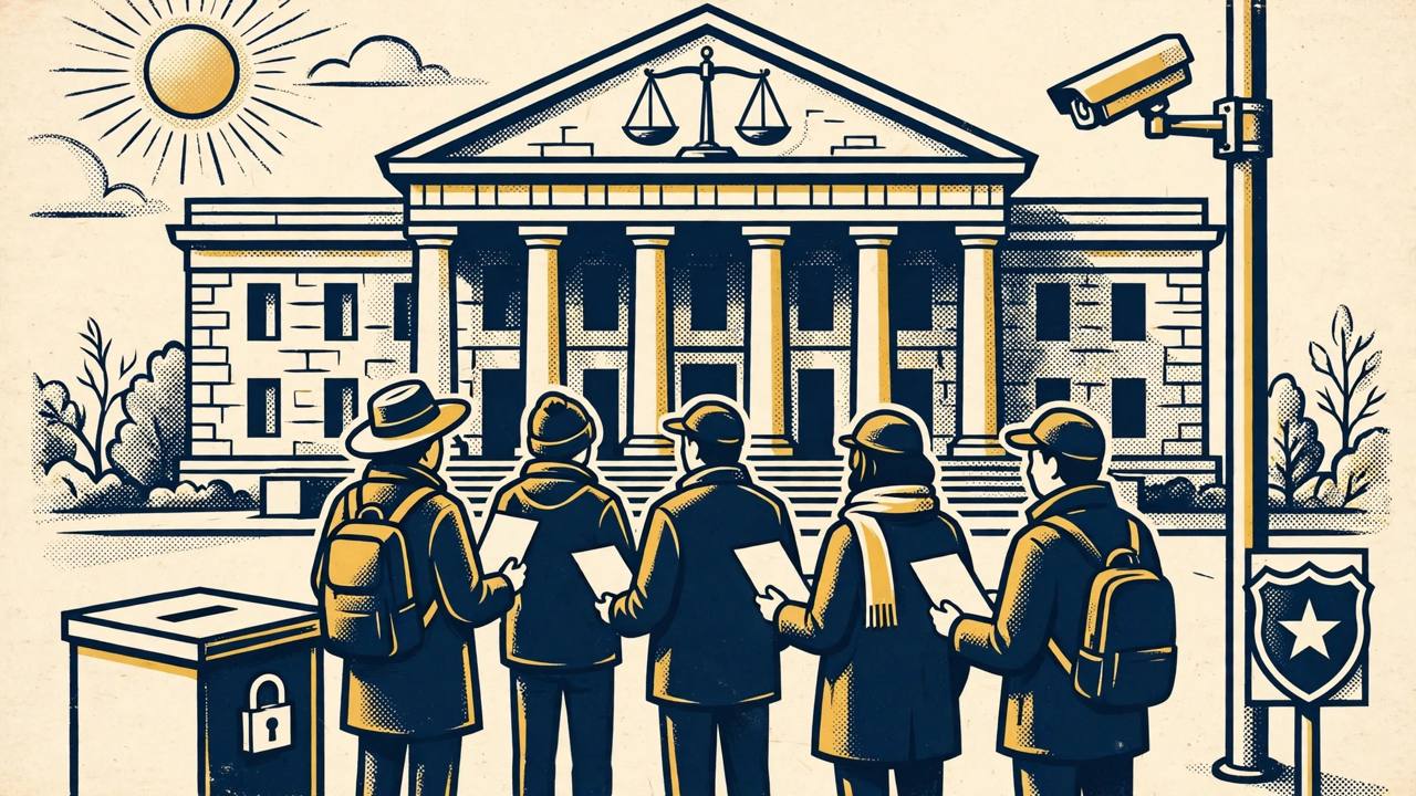 Editorial illustration of a courthouse, generic voters holding nomination papers, a ballot box and a CCTV camera