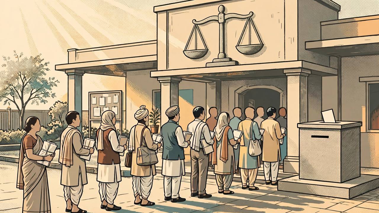 Editorial illustration of candidates queueing with nomination papers outside an election office, with scales of justice above the entrance
