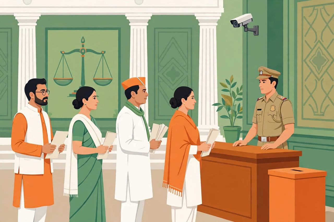 Editorial illustration of generic election candidates holding nomination papers in a queue at an election office, with a police officer and CCTV camera