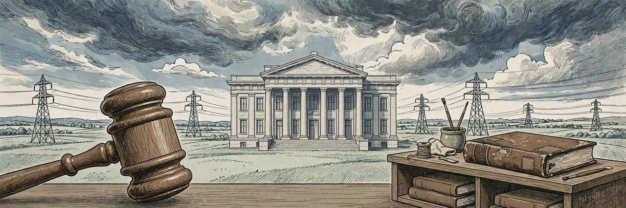 Editorial illustration of a courthouse with pillars, a judge gavel and electricity transmission towers under a dramatic sky