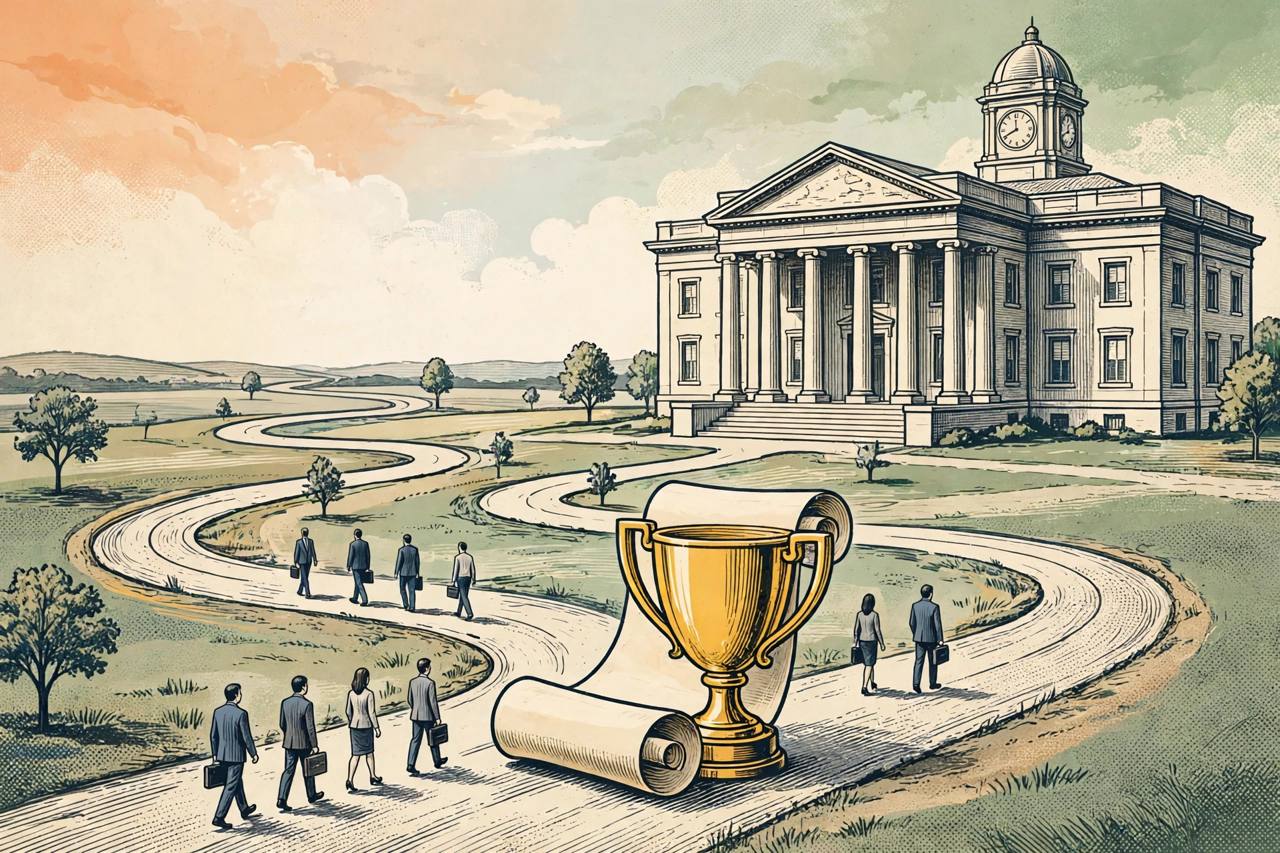 Editorial illustration of a courthouse, a winding road and a golden award trophy, showing the long wait to enforce an arbitral award