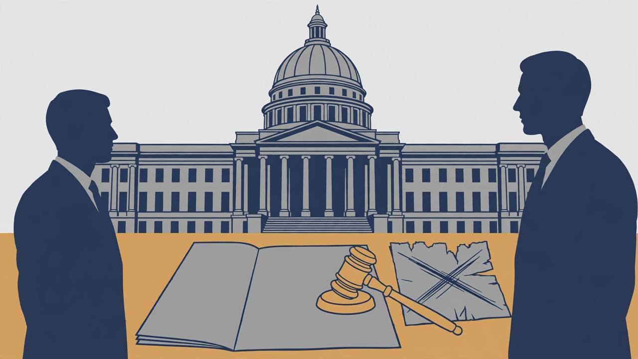 Editorial illustration of a domed courthouse with a contract document, a judge's gavel and a crossed-out rewritten page between two silhouetted figures
