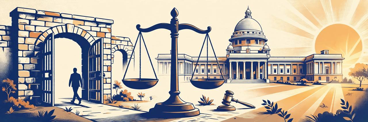 Supreme Court building with scales of justice and a generic figure walking from an open gate toward sunlight (Editorial illustration)