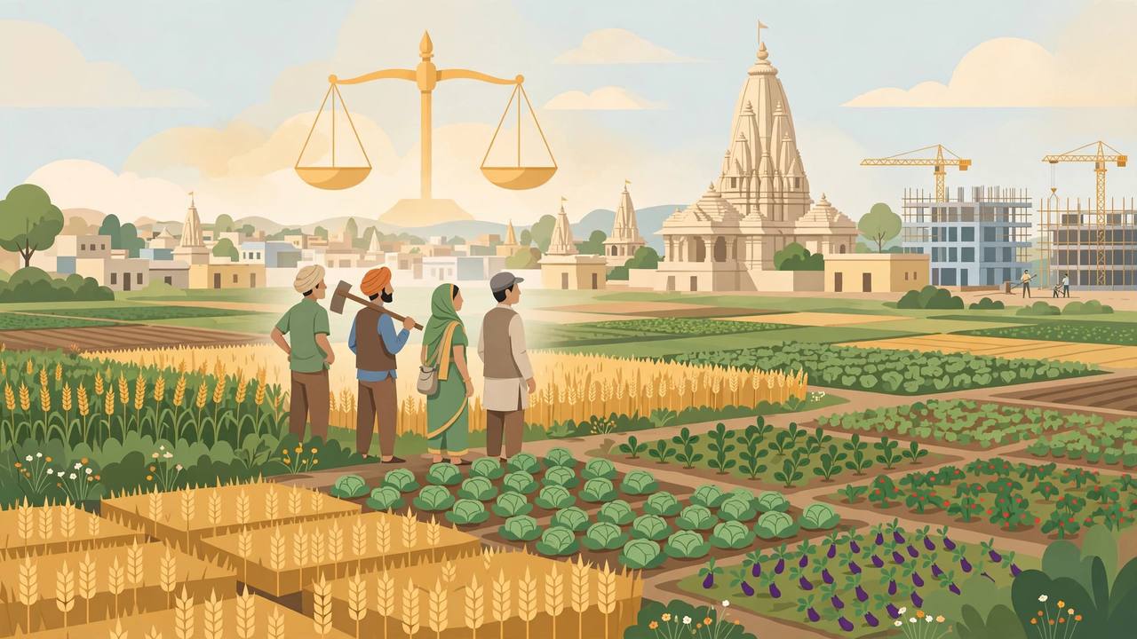 Editorial illustration of farmers in multi-crop fields looking towards the Ayodhya temple skyline and buildings under construction, with scales of justice in the sky