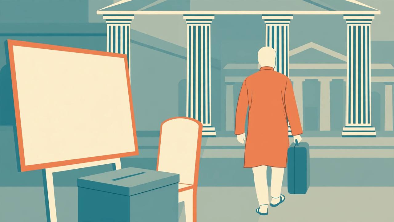 Editorial illustration of a legislator walking away from an empty assembly seat with a suitcase, a ballot box in the foreground