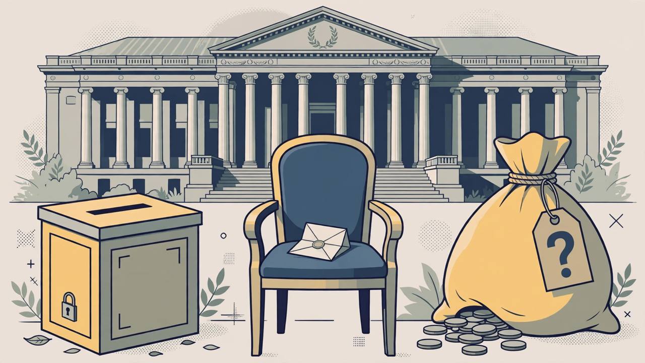 Editorial illustration of a supreme court building with a ballot box, an empty legislator's chair and a resignation letter, flat style, no real person's face