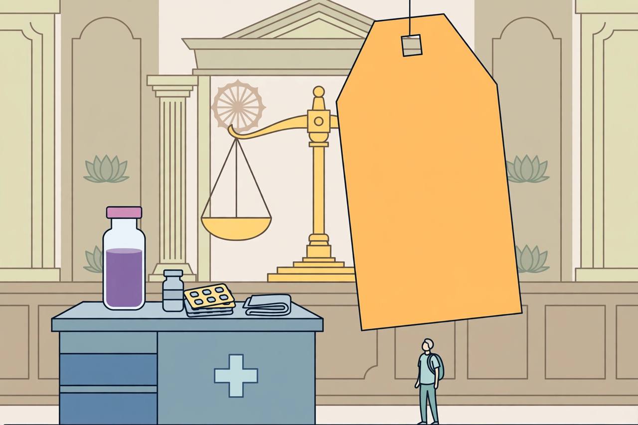 Editorial illustration of a chemotherapy medicine vial with a large price tag and courtroom scales