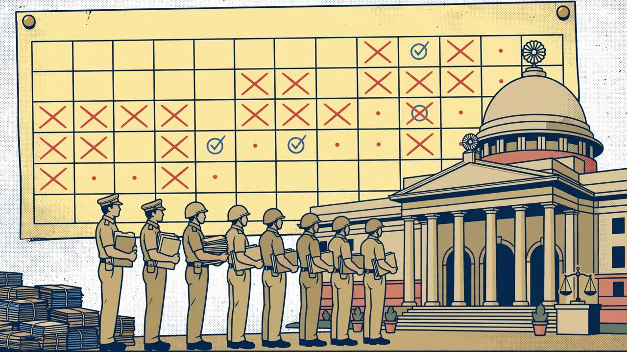 Editorial illustration of a courthouse in New Delhi with generic uniformed central armed police personnel holding files and a large calendar, representing the Supreme Court CAPF cadre review hearing