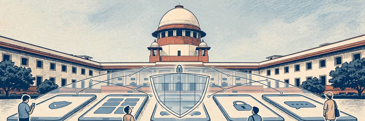 Editorial illustration of the Supreme Court of India with a protective digital shield over generic smartphone screens, generic figures only, no depiction of any incident