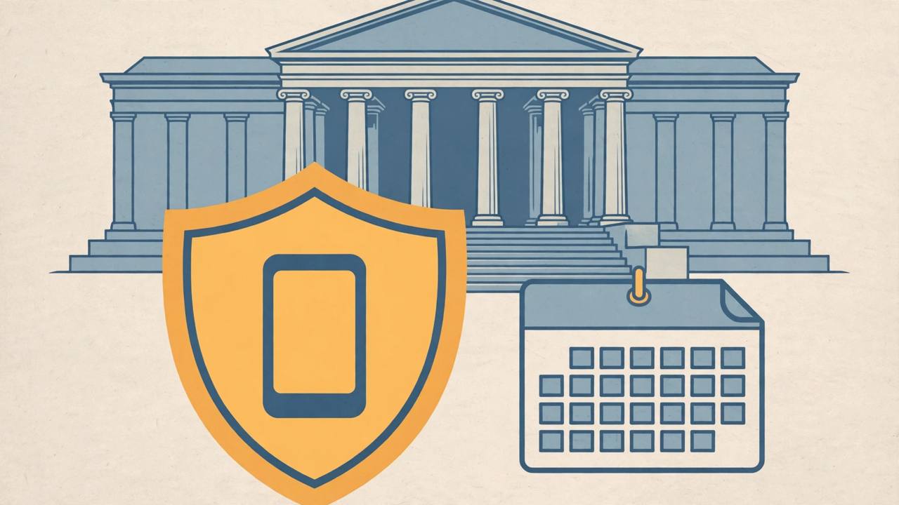 Editorial illustration of a courthouse with pillars, a shield protecting a smartphone and a calendar, flat style, no real person's face