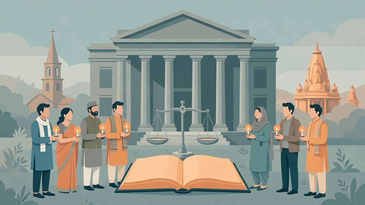 Editorial illustration of a courthouse, a balance scale and an open book, with generic people holding candles and a church and a temple in the background
