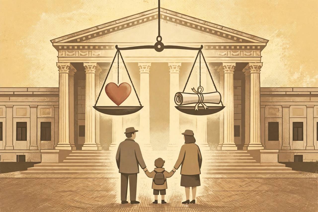 Editorial illustration of a supreme court building with a balance scale weighing a heart against a rolled legal document, with a small generic child holding hands with two generic adults