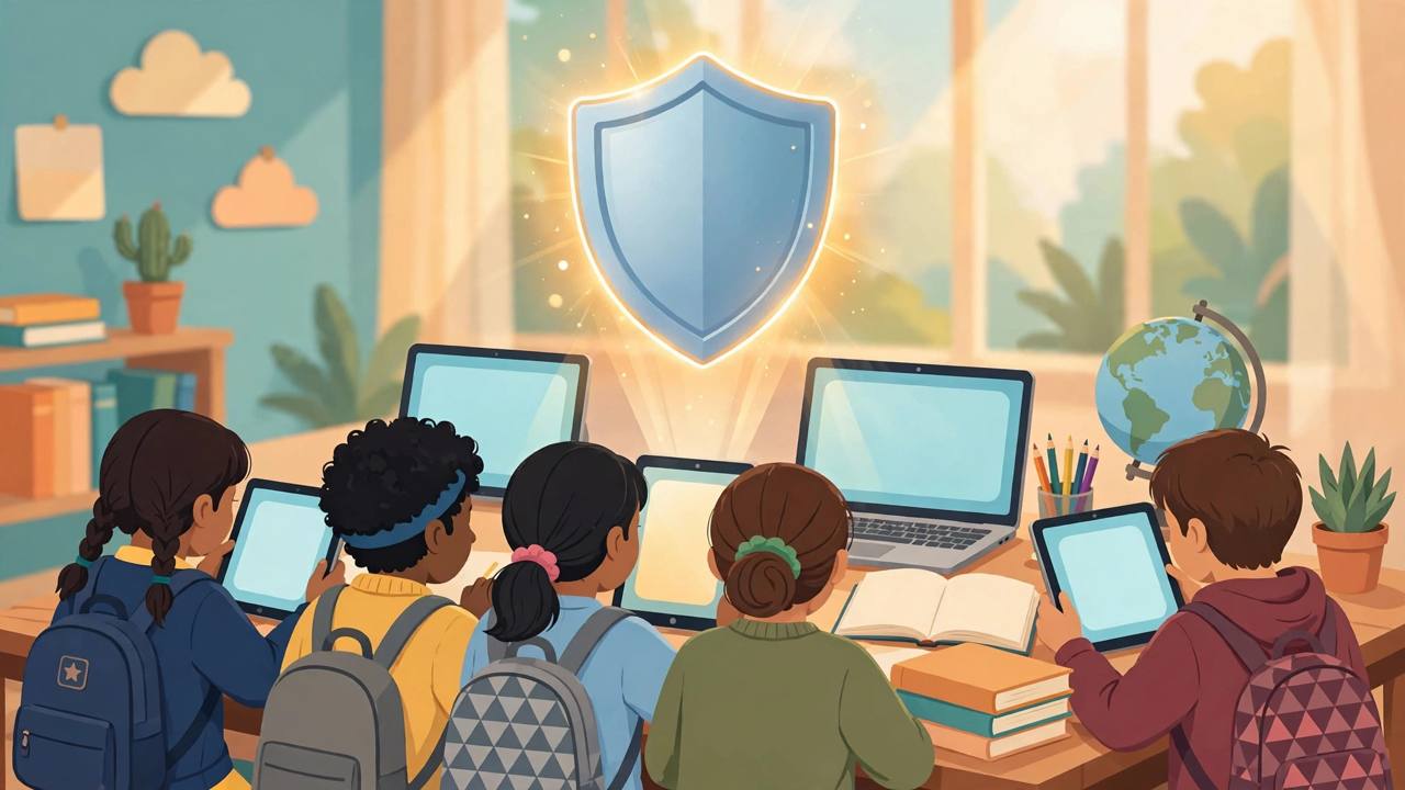 Editorial illustration of school children using tablets in a classroom with a protective shield symbol above the screens