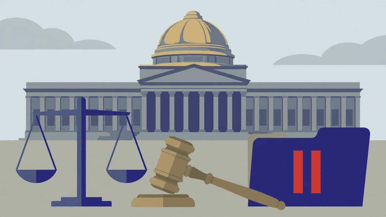 Editorial illustration of a domed supreme court building with scales of justice, a gavel and a paused case file