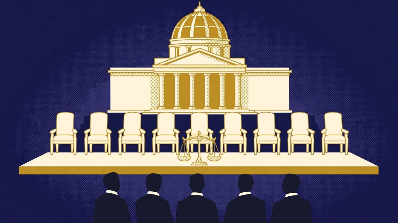 Editorial illustration of a domed high court building, nine empty judge chairs, a scale of justice and silhouetted advocates