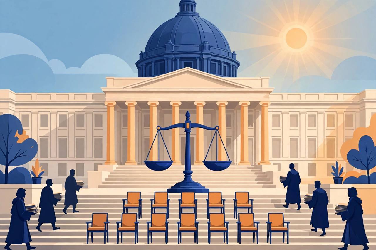 Editorial illustration of a domed high court building with a large scale of justice and eleven empty judge chairs arranged on the steps, with generic robed figures carrying files