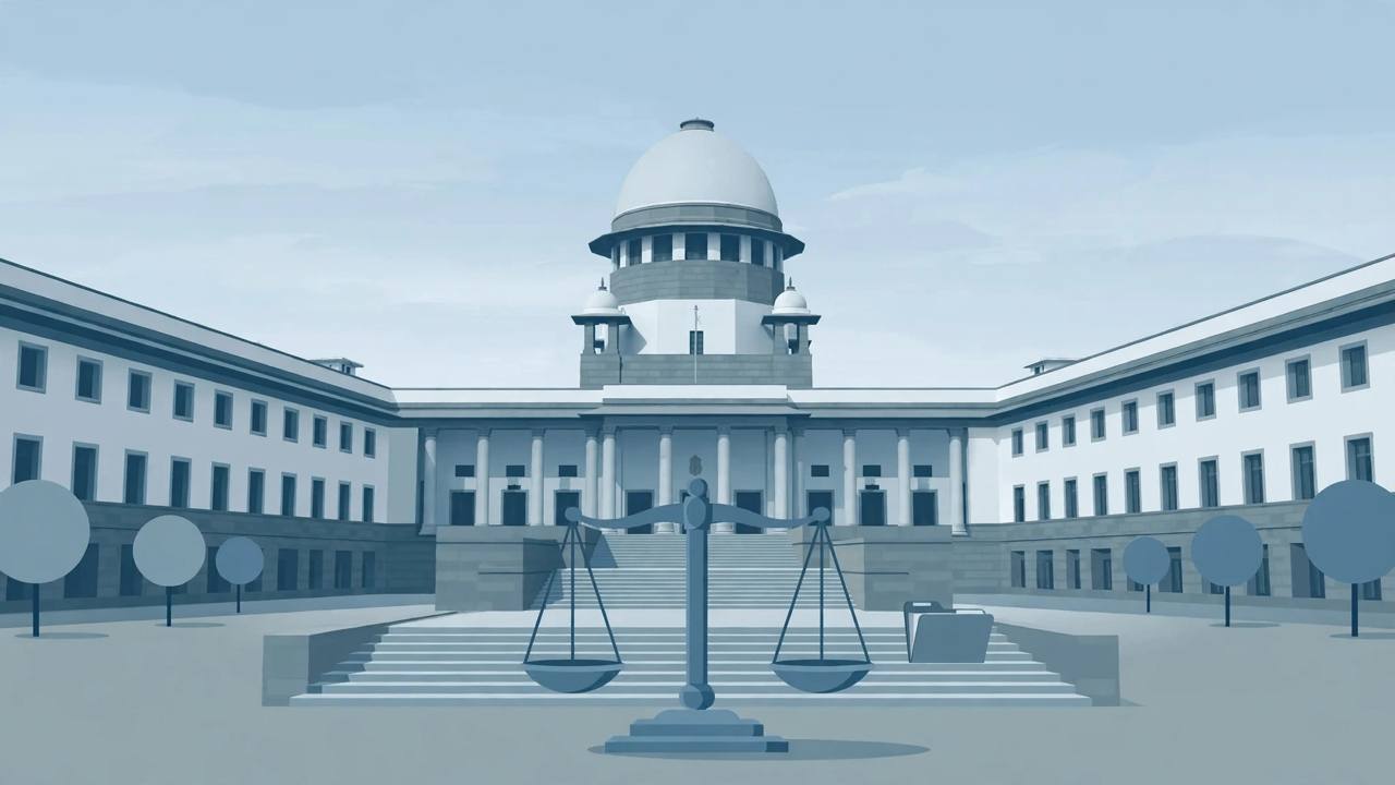 Editorial illustration of the Supreme Court of India building with a balance scale of justice and a closed case file on the steps