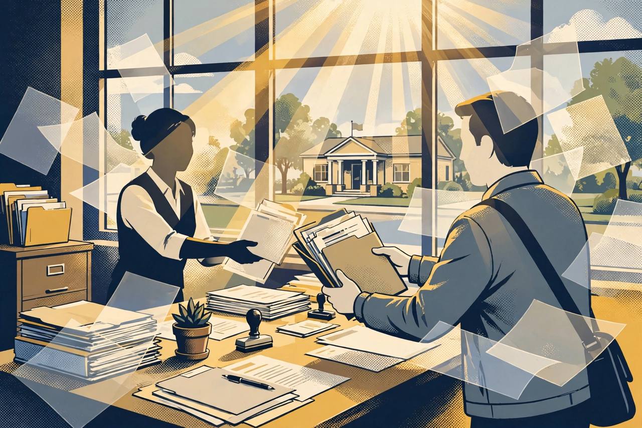 Editorial illustration of a generic cooperative bank member receiving documents from a registrar's office