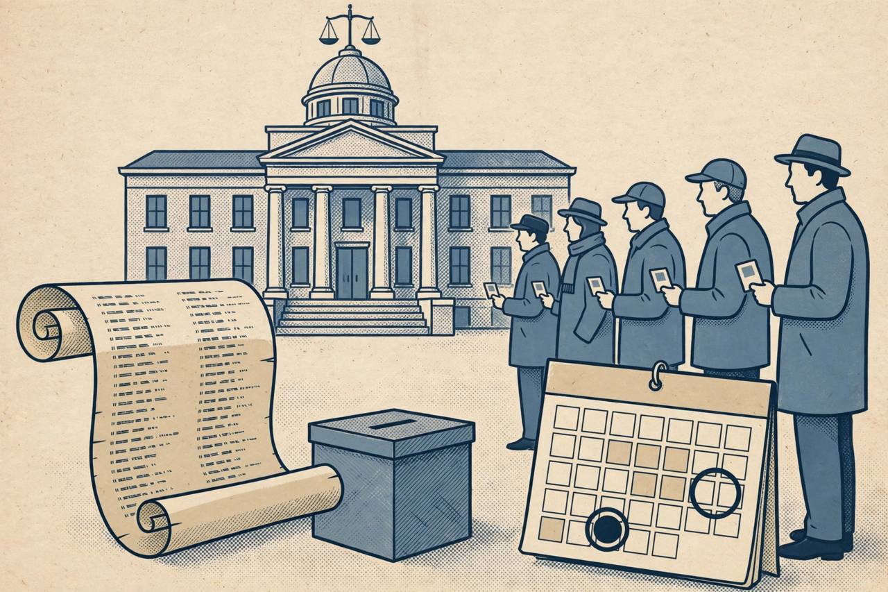 Courthouse, electoral roll scroll, ballot box and generic voters queuing with identity cards (Editorial illustration)