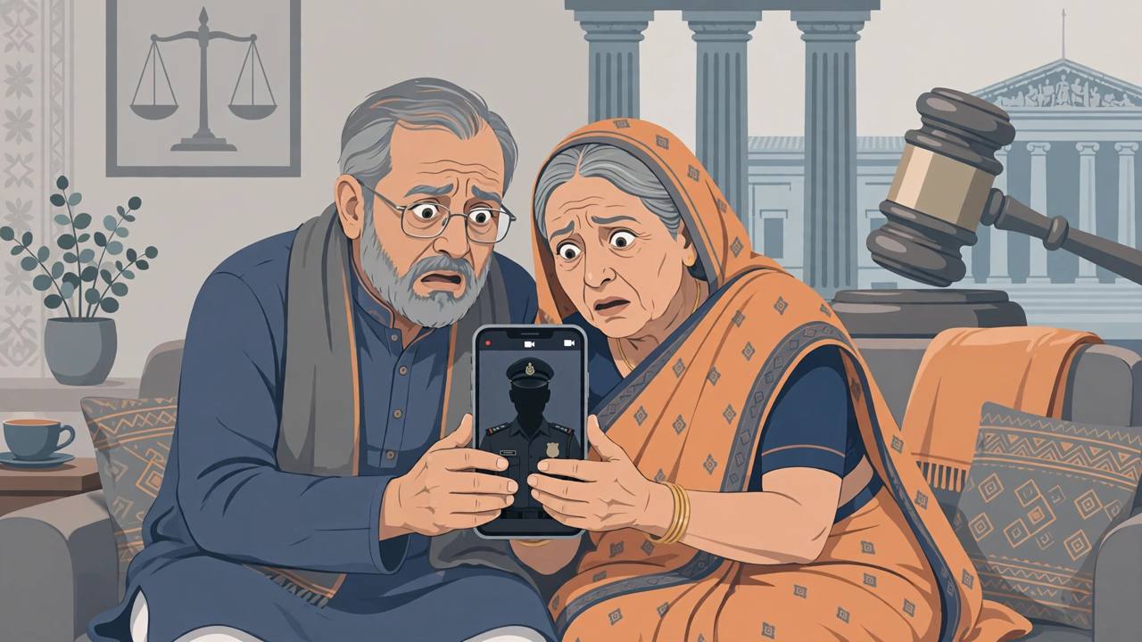 Editorial illustration: an elderly couple alarmed by a video call from a shadowy fake police officer on a smartphone, with courthouse pillars and a judge's gavel behind them (Editorial illustration)