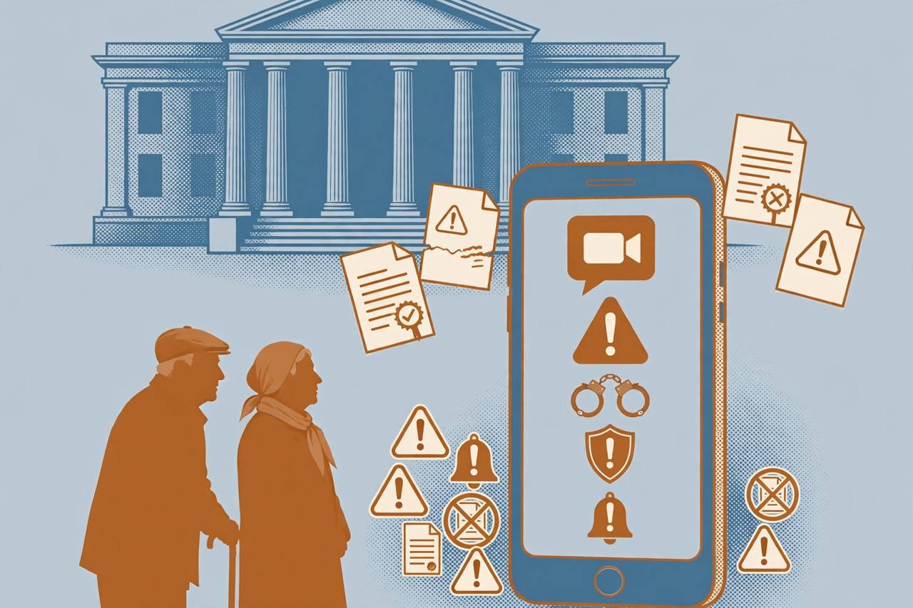 Editorial illustration of a courthouse behind a generic elderly couple facing a smartphone showing a fake digital-arrest video call and forged documents
