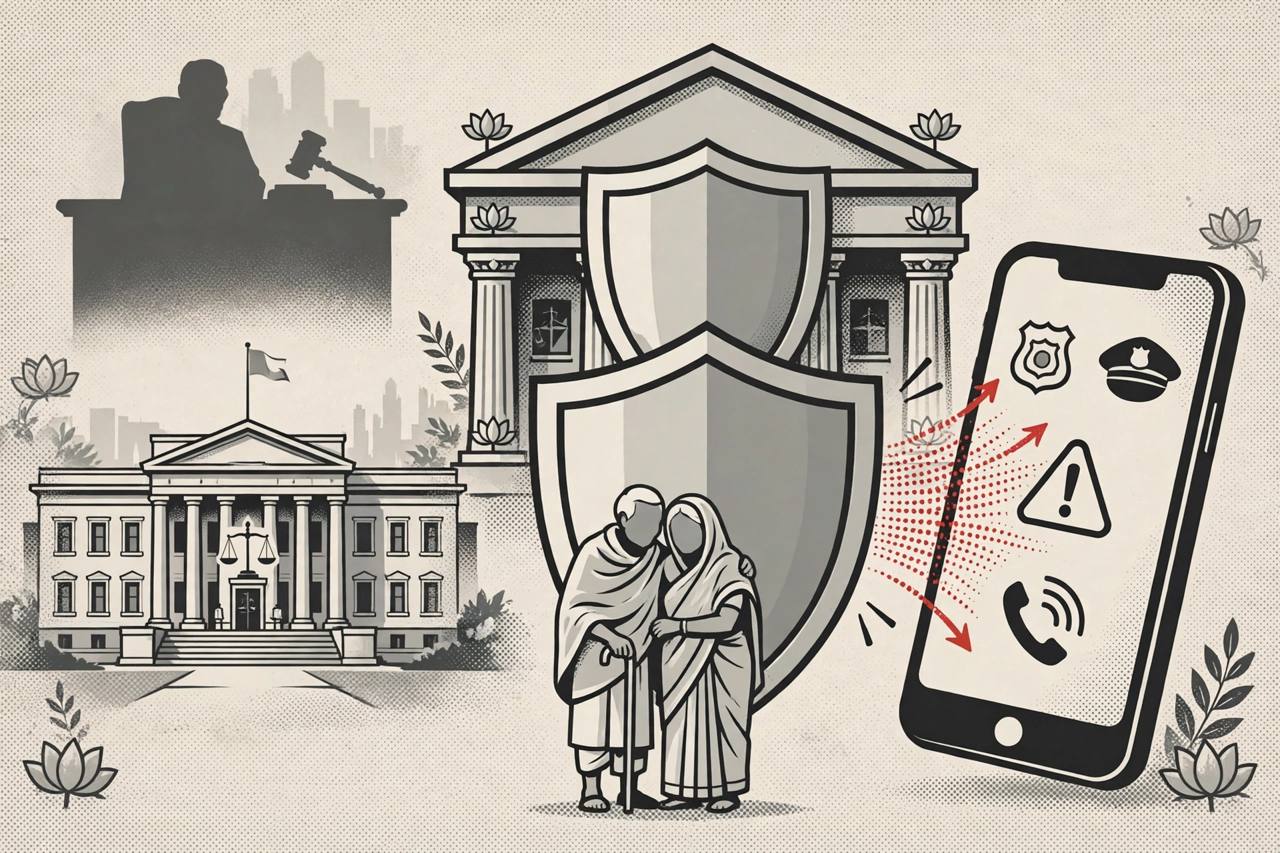 Editorial illustration of a courthouse and a bank shield protecting a generic elderly couple from a smartphone showing a fake police caller, no real person's face
