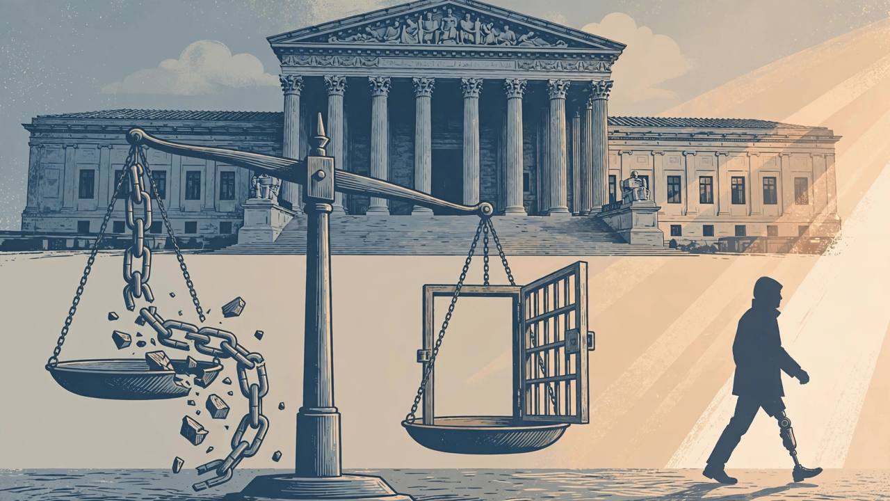 Editorial illustration of a courthouse with scales of justice, a broken chain and an open prison gate, and a silhouetted man with a prosthetic leg walking toward light