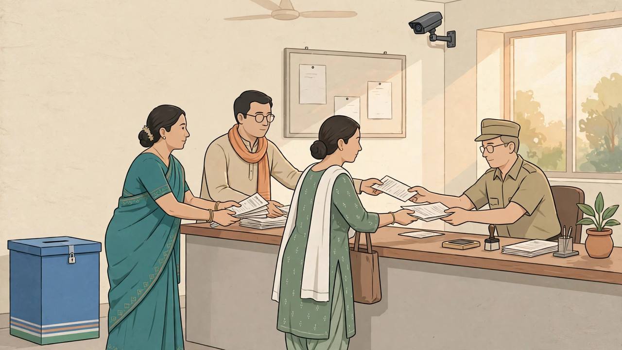 Editorial illustration of generic candidates handing nomination papers across a government office counter to a generic official, with a ballot box and a CCTV camera watching over the scene