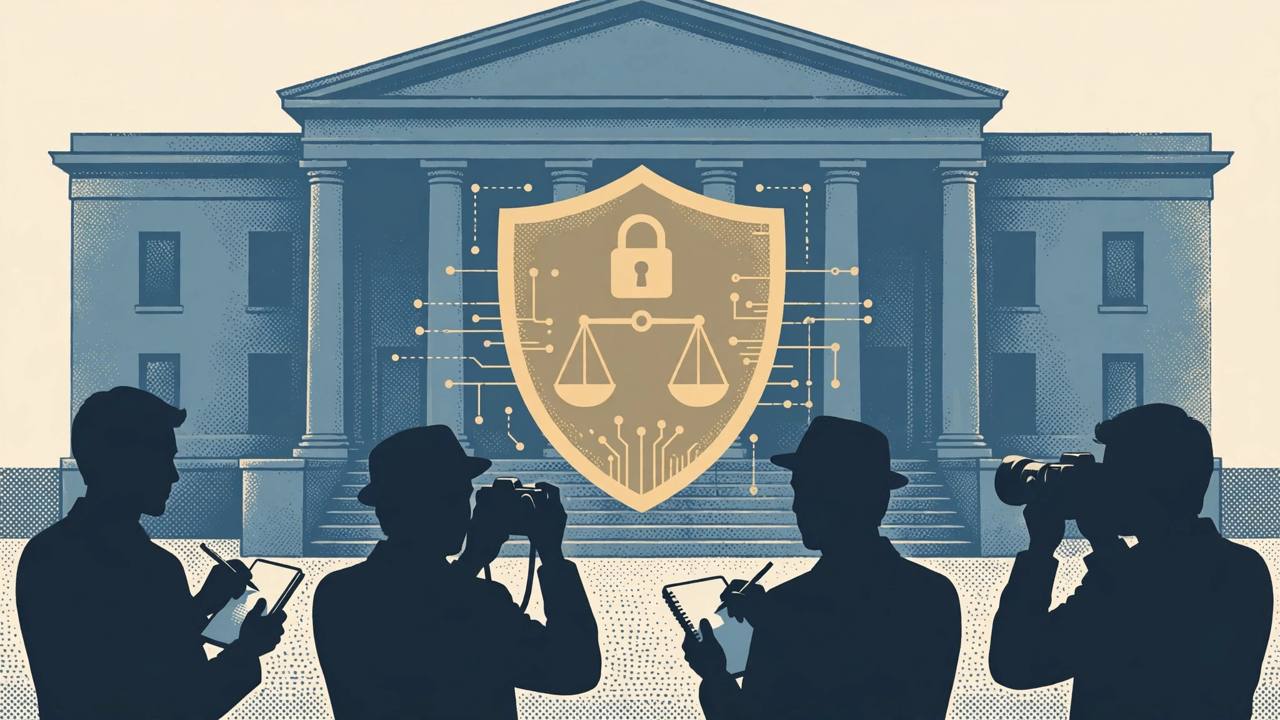 Editorial illustration of a courthouse, journalists and a data-privacy shield