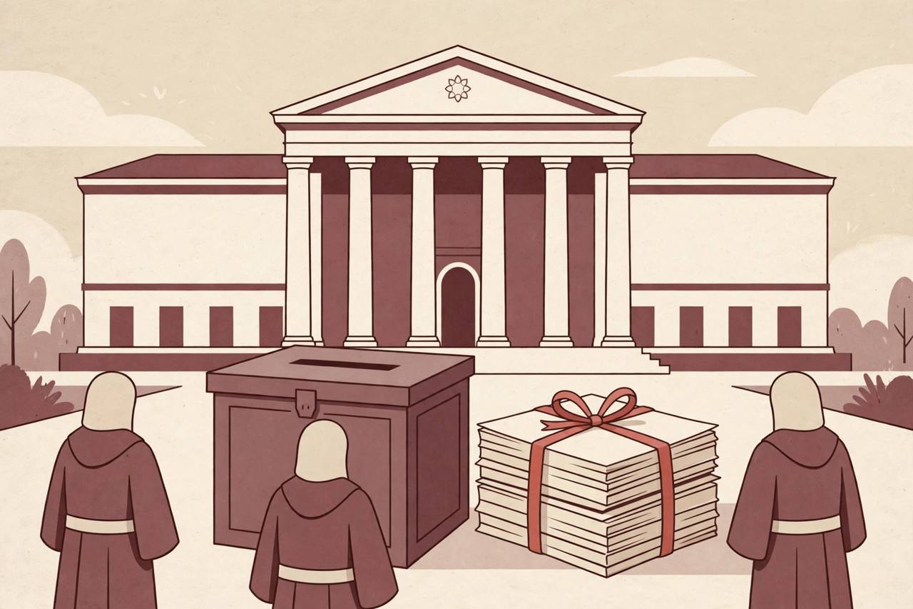 Editorial illustration of a pillared court building with a ballot box and a tied bundle of case files, generic robed figures seen from behind
