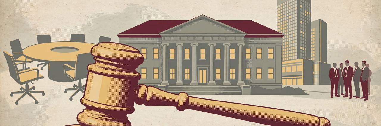 Editorial illustration: a judge's gavel before a courthouse, a corporate tower and an empty chair at a round creditors' table (Editorial illustration)