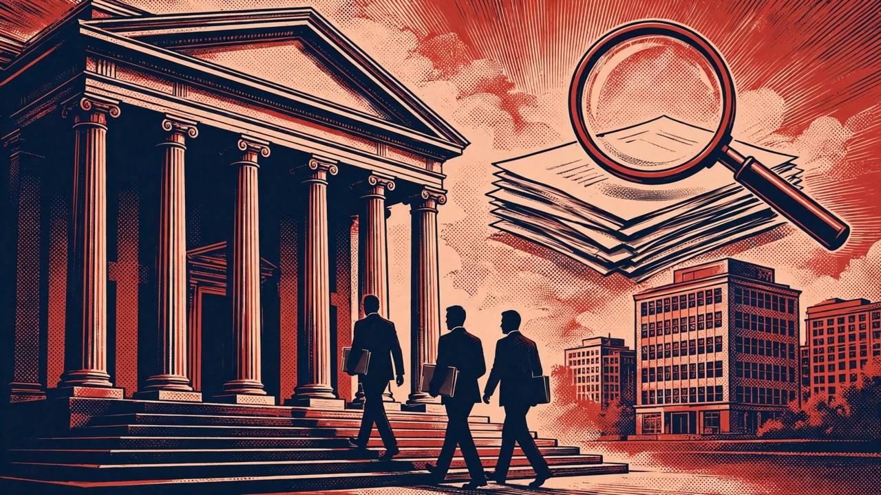 Editorial illustration of a courthouse with tall pillars, generic suited figures carrying a sealed file toward the steps, and an office building under a magnifying glass, no real person's face