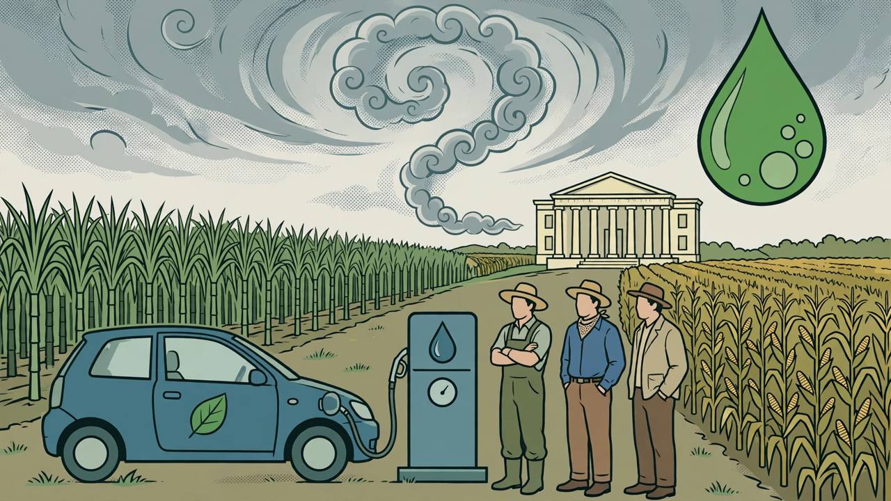 Editorial illustration of a flex-fuel car at an ethanol pump between sugarcane and maize fields with farmers nearby and a courthouse building in the distance
