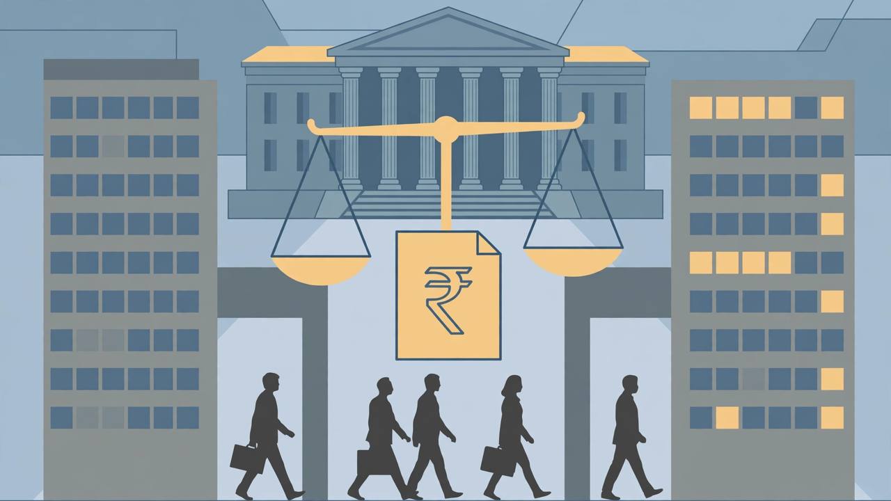 Editorial illustration of a courthouse, a balance scale, a rupee document and generic office workers walking between office towers