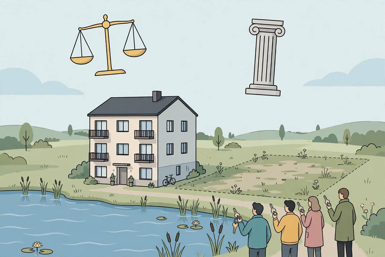 Editorial illustration of a small apartment building beside a village pond, with a balance scale and courthouse column above and generic residents holding house keys