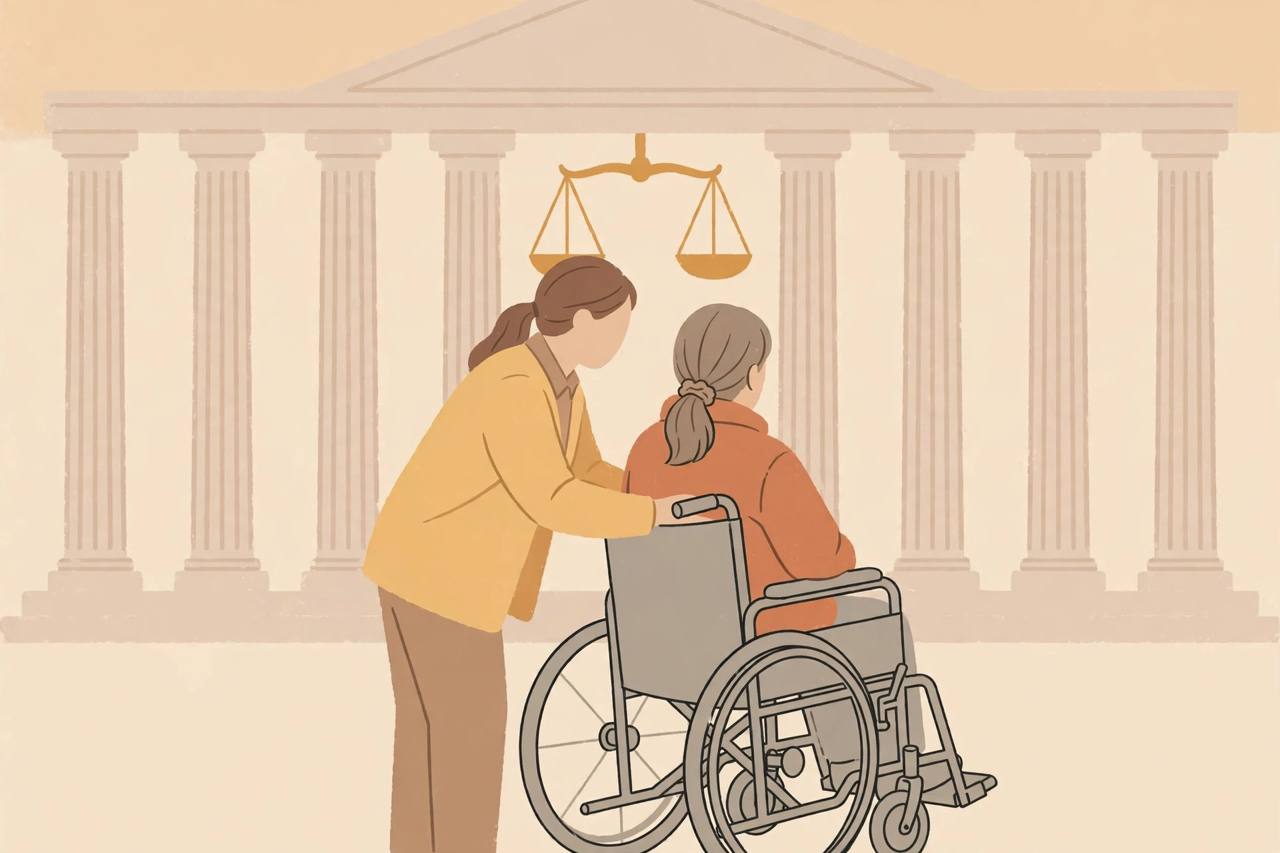 Editorial illustration of a generic person in a wheelchair with an attendant in front of courthouse columns and scales of justice, flat style, no real faces, no text