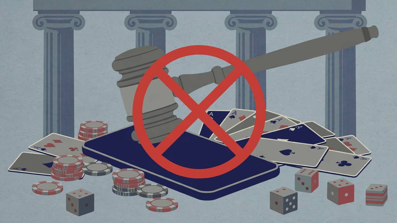 Editorial illustration of a gavel and a prohibition sign over a smartphone with playing cards, poker chips and dice