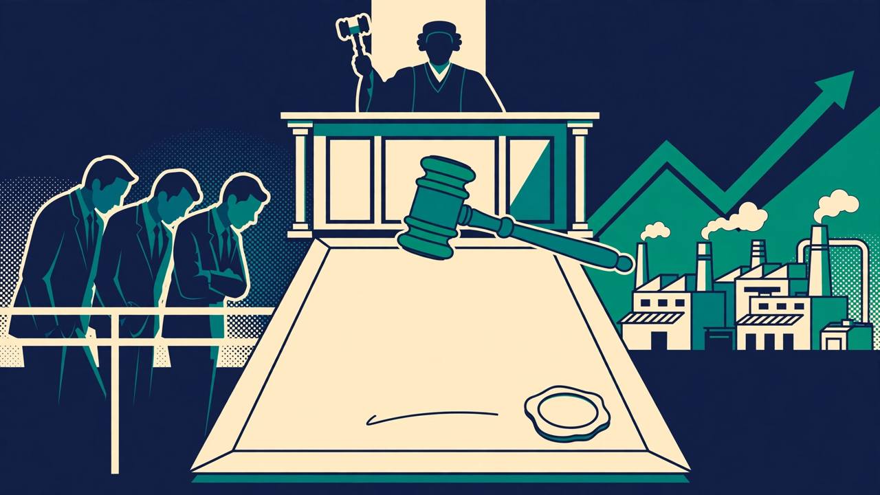 Judge silhouette with a gavel over a sealed document, disappointed bankers on one side and a factory with a rising graph on the other (Editorial illustration)