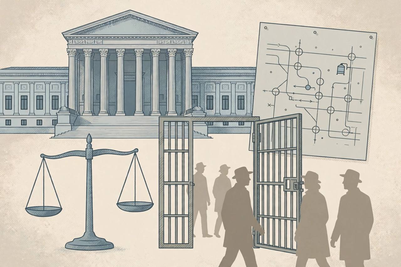 Editorial illustration of a supreme court building with scales of justice, an open gate and a water pipeline document, flat style