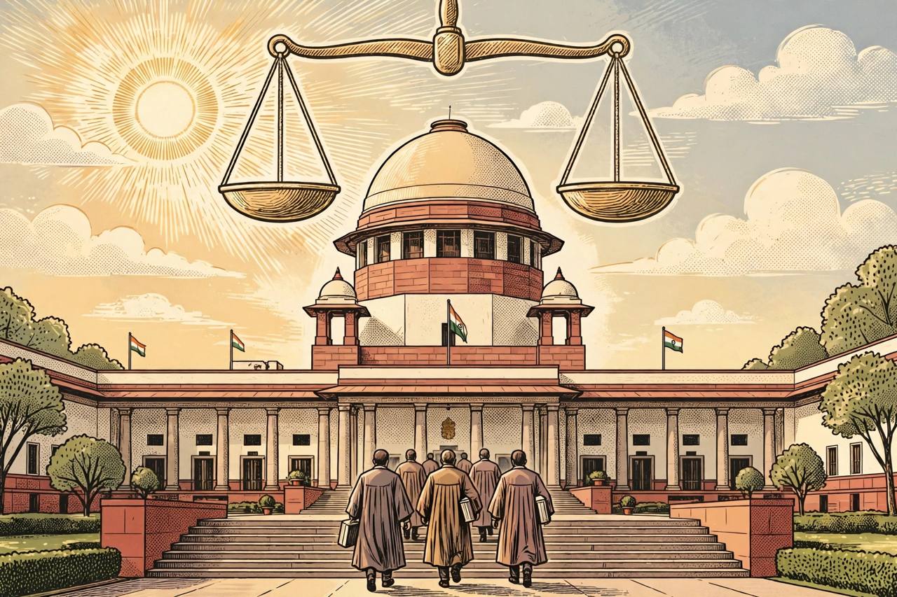 Editorial illustration of the Supreme Court of India building with a balance scale in the sky and generic robed judicial figures walking up the steps
