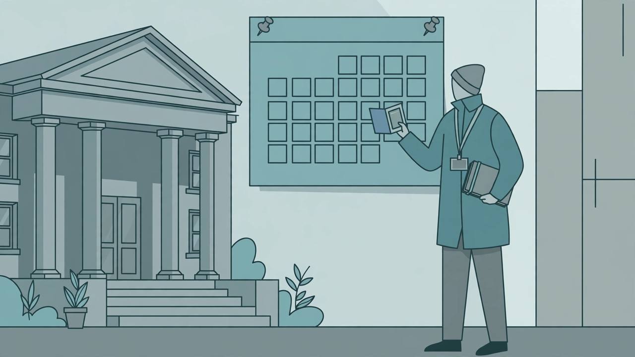 Editorial illustration of a generic journalist with a notebook and passport outside a courthouse