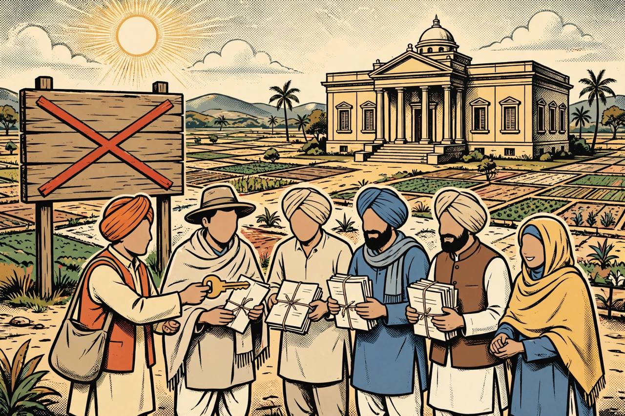 Editorial illustration of generic landowners receiving back their farmland documents near Bengaluru, with a courthouse in the background